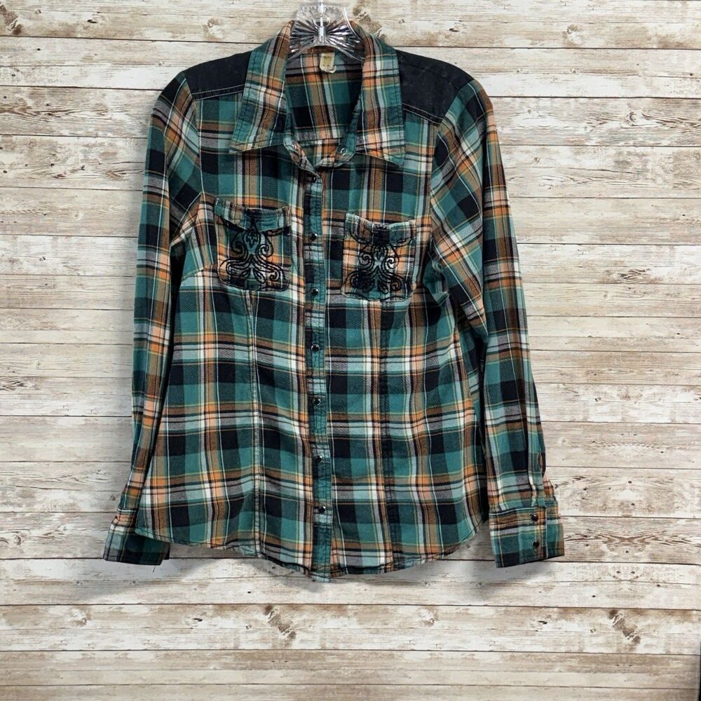 BKE Eased Green Orange Plaid Western Flannel Shirt Embroidered Pockets Womens M